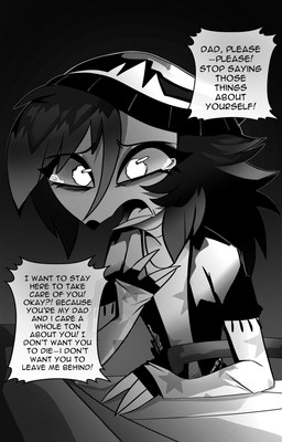 anthro beanie bed black_background black_text bodily_fluids clothing crying dialogue female furniture hair hat headgear headwear hospital hospital_bed long_hair offscreen_character simple_background solo speech_bubble tears text teathekook hellaverse helluva_boss octavia_(helluva_boss) avian bird owl owl_demon english_text hi_res monochrome