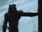 anthro blue_clothing clothed clothing fur hood male melee_weapon red_clothing solo standing sword weapon geewolf cheetah felid feline mammal 2019 4:3