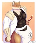 annoyed anthro armor asian_clothing big_diaper blush clean_diaper clothed clothing diaper east_asian_clothing embarrassed japanese_clothing kimono looking_at_viewer male melee_weapon solo standing sword weapon wearing_diaper steelshark bleach_(series) sajin_komamura canid canine fox mammal absurd_res hi_res