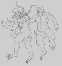 after_anal anthro anthro_on_anthro big_fangs bodily_fluids braided_hair cheek_tuft claws cum cum_in_ass cum_inside cum_on_ground cum_on_leg cum_string duo erection facial_scar facial_tuft fangs front_view genital_fluids genitals hair humanoid_genitalia humanoid_penis lying male male/male neck_tuft nude on_back on_side open_mouth penis scar side_view simple_background teeth toe_claws tongue tongue_out tuft aduran bear canid canine mammal hi_res monochrome sketch