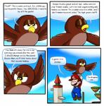 ambiguous_gender beak brown_body brown_feathers castle clothing fat_shaming feathers hat headgear headwear humiliation male text text_on_clothing text_on_hat text_on_headwear whomp's_fortress yellow_eyes nintendrawer mario_bros nintendo hoot_(mario) mario avian bird human mammal owl comic english_text