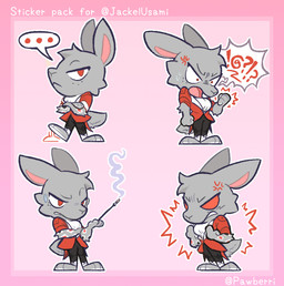 annoyed anthro arm_tuft ascot cheek_tuft chibi cigarette cigarette_holder cross-popping_vein diamonds_(suit) elbow_tuft ellipsis facial_tuft fur grey_body grey_fur half-closed_eyes male narrowed_eyes open_mouth smoke solo sticker suit_jacket suit_symbol tapping_foot tuft pawberry jason_(jackel_usami) lagomorph leporid mammal rabbit