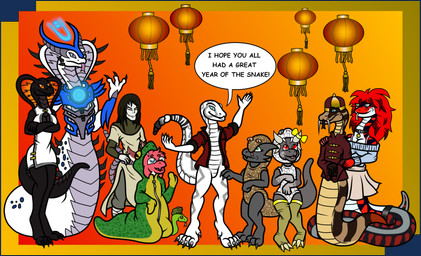 anthro armor asian_clothing big_hair big_tail black_body black_clothing black_hair black_legwear black_scales black_stockings blue_eyes blue_glow bottomwear bow_accessory breasts brown_body brown_scales chinese_clothing chinese_dress choker claws clothing collar costume crossed_arms dewclaw digitigrade dress east_asian_clothing facial_hair fangs feet female feral finger_claws fingers flat_chested forked_tongue fur furgonomics glistening glistening_eyes glowing glowing_armor green_body green_eyes grey_body grey_scales group hair hand_on_hip hand_on_leg hand_on_shoulder hat headgear headwear horn jacket jewelry lamp lantern legwear long_hair long_tail looking_at_another looking_at_viewer male markings minidress miniskirt multicolored_body mustache necklace neckwear nylon nylon_clothing nylon_stockings nylons orange_eyes paper_lantern paws raised_arm raised_tail rattle_(anatomy) red_body red_eyes red_fur red_hair red_scales robe scales simple_background size_difference skirt small_tail smile smiling_at_another smiling_at_viewer snake_costume snake_hood snout spikes spikes_(anatomy) star_eyes stockings sweater tail tail_clothing tail_stocking tapering_tail teeth toe_claws toes tongue tongue_out topwear translucent translucent_clothing translucent_legwear translucent_stockings white_body white_scales yellow_bow yellow_clothing yellow_eyes yellow_legwear yellow_stockings janek5 x-com ceres_(keeevin) iona_voss orochimaru poja_(the_red_tail_boa) pooky_(pooky's_goodra) scarlett_(predaguy) spek_(spe) viper_king amphibian boa_(snake) boa_constrictor boinae cobra frog human kobold mammal pit_viper rattlesnake reptile scalie snake viper viper_(x-com) absurd_res hi_res