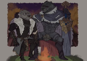 anthro armor campfire cape clothing duo male male/male melee_weapon sword weapon quetza elden_ring fromsoftware blaidd_(elden_ring) tarnished_(elden_ring) canid canine canis mammal wolf absurd_res hi_res