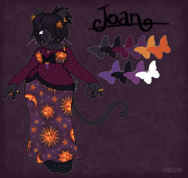 alternative_fashion anthro black_body black_fur black_hair blouse bottomwear clothing color_swatch ear_piercing ear_ring fangs female fur goth hair hair_over_eye jewelry long_skirt magic_user necklace piercing print_bottomwear print_clothing print_skirt purple_bottomwear purple_clothing purple_eyes purple_skirt ring ring_piercing skirt solo tail teeth text topwear witch cosmiccrayons joan_(cosmiccrayons) domestic_cat felid feline felis mammal artist_name character_name full-length_portrait handwritten_text hi_res model_sheet portrait