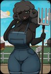 anthro barely_contained barely_contained_breasts big_breasts black_body black_hair breasts clothing farm female fur green_eyes hair melee_weapon overalls overalls_only pitchfork polearm shortalls side_boob solo tools weapon wool_(fur) zak_hitsuji bovid caprine mammal sheep absurd_res hi_res