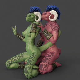 bangle blue_hair breasts duo foreskin genitals green_body grey_background hair herm horn intersex intersex/intersex jewelry kneeling mostly_nude mottled nipples penis pink_body simple_background tail k3ta microsoft the_elder_scrolls keetah sleeps-with-guar argonian humanoid scalie 1:1 3d_(artwork) daz_studio_(artwork) digital_media_(artwork) hi_res incest_(lore) sibling_(lore)