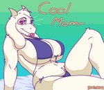 anthro bikini bikini_bottom bikini_top blue_bikini blue_clothing blue_swimwear clothing female fur green_background horn looking_at_viewer red_eyes simple_background smile solo swimwear text tongue tongue_out two-piece_swimsuit white_body white_fur wide_hipped_female wide_hips mawliet undertale undertale_(series) toriel boss_monster_(undertale) bovid caprine mammal 2023 digital_media_(artwork) english_text