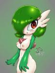 big_breasts blush breasts female green_hair hair hair_over_eye nipples not_furry one_eye_obstructed red_eyes solo jollysaunter nintendo pokemon gardevoir generation_3_pokemon pokemon_(species) hi_res