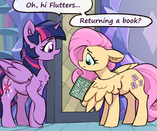 book dialogue duo eyelashes feathered_wings feathers female feral hooves horn pupils purple_body quadruped speech_bubble tail text wings yellow_body rnghat animal_farm friendship_is_magic hasbro my_little_pony mythology fluttershy_(mlp) twilight_sparkle_(mlp) equid equine mammal mythological_creature mythological_equine pegasus winged_unicorn 6:5 absurd_res hi_res
