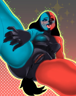 anthro anus areola black_body black_ears black_fur black_sclera black_tail blue_areola blue_body blue_fur blue_nipples breasts butt butt_from_the_front eyelashes female floppy_ears front_view fur genitals gradient_background grey_background grey_body grey_eyes grey_fur looking_at_viewer lop_ears low-angle_view nipples nude open_mouth pink_background pink_tongue pink_vulva red_body red_fur simple_background small_breasts solo tail thick_thighs tongue vulva wide_hips gibeechee nintendo nintendo_switch switch_dog canid canine canis domestic_dog mammal absurd_res hi_res