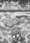 anthro big_breasts big_muscles biped breasts canid canine comic duo female fingers freckles_(artist) generation_1_pokemon generation_4_pokemon genitals heart_eyes heart_symbol hot_spring huge_breasts huge_muscles lucario machoke mammal monochrome muscular muscular_female nintendo open_mouth open_smile partially_submerged plant pokemon pokemon_(species) pussy smile tree water