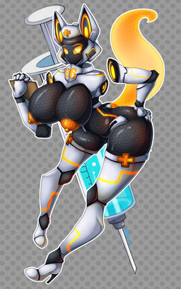 armor big_breasts breasts cybernetics female joints machine medical nipples solo syringe azura_inalis kitsumy_(azura_inalis) android animal_humanoid canid canid_humanoid canine canine_humanoid fox_humanoid humanoid mammal mammal_humanoid robot absurd_res digital_media_(artwork) hi_res