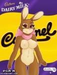 anthro bedroom_eyes biped breasts brown_body brown_eyes brown_fur erect_nipples female fur genitals half-closed_eyes mascot narrowed_eyes nipples nude parody pose pussy ribbons seductive smile solo standing text pgm-m cadbury cadbury_bunny lagomorph leporid mammal rabbit english_text hi_res