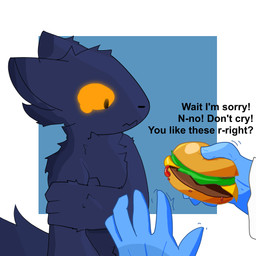 5_fingers ambiguous_gender anthro black_body black_fur black_nose blue_background blue_clothing blue_gloves blue_handwear bodily_fluids border burger cheese clothed clothed_human clothing dairy_products daww dialogue duo fingers food frown fur gloves hand_on_arm hand_on_bicep handwear ketchup lettuce nude nude_anthro offering_food orange_sclera plant sad simple_background tears text vegetable white_background white_border white_clothing total_pain_1181 casualties:_unknown gunsaw canid canine expie_(gunsawian) fox gunsawian human hybrid mammal murid murine rat rodent 1:1 2026 digital_drawing_(artwork) digital_media_(artwork) english_text hi_res