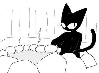 anthro back_boob bare_back big_breasts biped black_body black_fur black_tail breasts female fur head_turned hot_spring hot_water looking_at_viewer looking_back mouthless nude pupils rear_view rock side_boob solo spa steam tail water sabgong vingo_(sabgong) domestic_cat felid feline felis mammal 2026 black_and_white monochrome