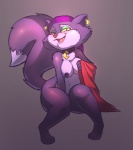 anthro blush breasts clothing collar ear_piercing female fur kerchief looking_at_viewer navel nipples piercing purple_body purple_fur simple_background smile solo tail namelessenemy toonstruck ms._fortune_(toonstruck) domestic_cat felid feline felis mammal