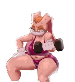 anthro big_breasts bodily_fluids breasts exercise female female_anthro mature_anthro mature_female slightly_chubby solo sweat weights workout greatalmightyjj sega sonic_the_hedgehog_(series) vanilla_the_rabbit lagomorph leporid mammal rabbit hi_res