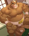 anthro belly black_nose brown_body brown_fur butt duo eyes_closed fur humanoid_hands inside male moobs musclegut muscular nipples overweight overweight_male reclamon lifewonders tokyo_afterschool_summoners ashigara_(tas) yasuyori_(tas) bear mammal 2021 4:5 hi_res