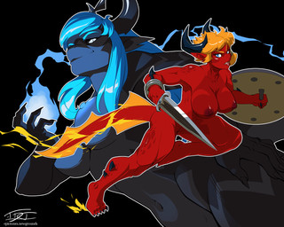 5_toes angry anthro areola armor black_background black_body black_nails black_scales black_sclera black_skin blue_eyes blue_fire blue_hair breasts claws colored_fire colored_nails duo eyelashes fangs featureless_crotch feet female fire hair hand_on_hip holding_object holding_weapon horn humanoid_pointy_ears long_ears long_tail melee_weapon multicolored_body multicolored_skin muscular muscular_female nails navel nipples non-mammal_breasts notched_ear orange_hair pointy_ears ponytail pupils red_body red_scales red_skin running scales shield simple_background slit_pupils solo tail teeth toes two_tone_body two_tone_skin weapon hardtones mythology arklai_(croxot) hei_(croxot) dragon mythological_creature mythological_scalie scalie 5:4