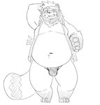 anthro asian_clothing belly bulge clothing east_asian_clothing fundoshi humanoid_hands japanese_clothing kemono male moobs navel overweight overweight_male solo underwear bear_2key canid canine mammal raccoon_dog tanuki 2022 hi_res monochrome