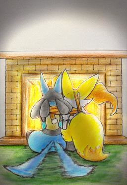 ambiguous/ambiguous ambiguous_gender anthro duo fireplace fur inner_ear_fluff motion_blur multicolored_body orange_body orange_fur scarf sharing_clothing sharing_scarf stick tail tail_motion tailwag tuft white_body white_fur yellow_body yellow_fur eiroru nintendo pokemon braixen canid canine generation_4_pokemon generation_6_pokemon lucario mammal pokemon_(species) 2025 graphite_(artwork) hi_res traditional_media_(artwork)