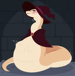 abdominal_bulge ambiguous_gender belly big_belly blep blush clasp cloak clothing female female_pred feral feral_pred forked_tongue fully_inside hand_imprint hat headgear headwear imprint lighter_belly offscreen_character oral_vore red_cloak red_clothing red_eyes red_hat red_headwear scales serpentine solo stone_floor stone_wall tail tan_body tan_scales tongue tongue_out unwilling_prey ventral_scales vore wall_(structure) witch_hat yellow_body smuggoblin reptile scalie snake absurd_res digital_media_(artwork) hi_res