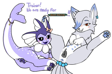 accessory anatomically_correct anatomically_correct_genitalia anatomically_correct_vulva animal_genitalia animal_vulva anus areola bangs black_sclera blue_anus blue_areola blue_jewelry blue_nipples blush blush_lines bodily_fluids bow_accessory bow_ribbon butt canine_genitalia canine_vulva dialogue dripping_vulva duo ear_piercing ear_ring female female/female feral fin fur furgonomics genital_fluids genitals grey_vulva hair hair_over_eye heart_(marking) highlights_(coloring) inviting inviting_to_sex jewelry looking_at_viewer lying markings multi_tail necklace nipples on_back on_side paws piercing presenting presenting_anus presenting_hindquarters presenting_vulva purple_anus purple_body purple_vulva raised_tail red_eyes ring_piercing seashell_necklace seductive smile smug spots star_charm tail tail_accessory tailband text vulva kiitzunegari nintendo pokemon fan_character haru_(kiitzunegari) marie_(kiitzunegari) aquatic canid canine eeveelution generation_1_pokemon mammal ninetales pokemon_(species) vaporeon absurd_res digital_media_(artwork) english_text hi_res