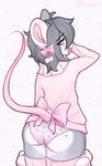 alternative_fashion anthro butt clothing femboy j-fashion legwear looking_at_viewer looking_back looking_back_at_viewer male pom_(decoration) pom_bow pom_legwear pom_thigh_highs ribbons shirt smile solo thigh_highs topwear underwear valeria_fills mammal mouse murid murine rodent pastel_theme