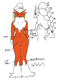 anthro beak braided_hair ear_piercing ear_ring female hair navel navel_piercing piercing purple_eyes ring_piercing solo standing text lemoco nintendo pokemon avian blaziken generation_3_pokemon pokemon_(species) 2015 digital_media_(artwork) hi_res japanese_text sketch translation_request