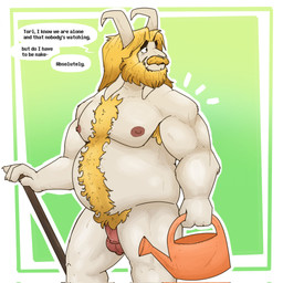 anthro balls biceps body_hair dialogue eyebrows facial_hair flaccid foreskin genitals gradient_background green_background happy_trail horn male mustache nipples nude pecs penis pubes simple_background solo text watering_can white_body bearinhat undertale_(series) asgore_dreemurr bovid caprine goat mammal english_text hi_res
