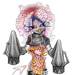 alternative_fashion ambiguous_gender anime_style black_sclera blood blue_eyes bodily_fluids clothed clothing creepy_cute curly_hair eyeball eyelashes forked_tongue gore goth grey_body grey_skin guts hair heterochromia intestines long_sleeves not_furry organs pink_hair saliva sharp_teeth simple_background sleeves_past_fingers sleeves_past_wrists solo spade_tail tail teeth tongue tongue_out unusual_anatomy white_background yellow_eyes yellow_teeth alunka humanoid mammal monster monstrous_humanoid digital_media_(artwork)