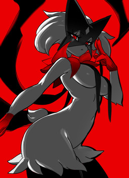anthro breast_curtains breasts butt clothing emoji_description eyelashes female female_anthro front_view fur gloves handwear looking_at_viewer medium_breasts navel red_background red_eyes side_boob side_view simple_background small_waist solo tail under_boob chunniwa nintendo pokemon felid generation_9_pokemon mammal meowscarada pokemon_(species) 2026 absurd_res digital_media_(artwork) hi_res portrait three-quarter_portrait