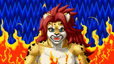 anthro black_nose blue_eyes fangs female fire fur hair markings multicolored_body multicolored_fur red_hair solo spots spotted_body spotted_fur teeth tongue two_tone_body two_tone_fur white_body white_fur yellow_body yellow_fur yellow_sclera joeadok altered_beast dc_comics sega cheetah_(dc) cheetah felid feline mammal