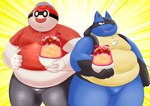 anthro belly black_nose blue_body bottomwear clothing duo food for_a_head humanoid_hands kemono male obese obese_male overweight overweight_male pants pokeball shirt topwear marumu_5656 nintendo pokemon ball_guy generation_4_pokemon humanoid lucario object_head pokemon_(species) 2021