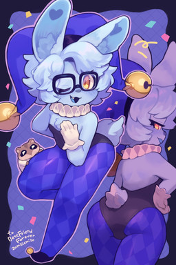 anthro bedroom_eyes bunny_costume clothing costume eyelashes eyewear fool's_hat glasses gloves handwear hat headgear headwear jester jester_outfit legwear narrowed_eyes one_eye_closed open_mouth rear_view seductive short_tail smile solo_focus tail zombiemiso besty_(character) cricetid hamster lagomorph leporid mammal rabbit rodent 2025 hi_res nonbinary_(lore)