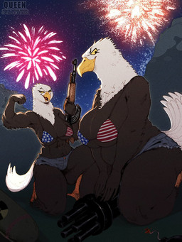 abs ak-47 ak_platform american_flag_bikini anthro assault_rifle belly big_breasts bikini bikini_top bottomwear breasts clothed clothing daisy_dukes denim denim_bottomwear denim_clothing denim_shorts duo female fireworks flag_bikini flag_swimwear flexing flexing_bicep gun holding_gun holding_object holding_ranged_weapon holding_weapon holidays hotpants looking_at_viewer muscular muscular_anthro muscular_female night non-mammal_breasts outside overweight overweight_anthro overweight_female ranged_weapon rifle shorts skimpy sky star swimwear thick_thighs two-piece_swimsuit weapon yellow_eyes espectro111222 4th_of_july american_eagle accipitrid accipitriform avian bald_eagle bird eagle sea_eagle hi_res