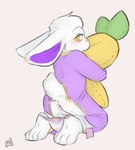 anthro anus blush butt butt_flap carrot_plushie clean_diaper clothed clothing diaper female food_plushie fur genitals holding_object holding_plushie loli looking_at_viewer object_plushie onesie open_diaper partially_clothed paws plushie pussy scut_tail short_tail simple_background smile solo tail toddler vegetable_plushie white_body white_fur young young_anthro maxwtv ave lagomorph leporid mammal rabbit hi_res