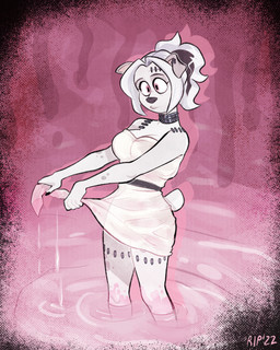 anthro black_highlights clothing collar cross-eyed dress ear_piercing ear_ring female fur hair highlights_(coloring) partially_submerged piercing pink_background ring_piercing simple_background solo standing_in_water studded_collar studs translucent translucent_clothing translucent_dress white_body white_fur white_hair wide_eyed wringing_shirt fleetwoodbrak pookie_von_stein_(fleetwoodbrak) canid canine canis domestic_dog mammal patchwork_creature hi_res nonbinary_(lore)