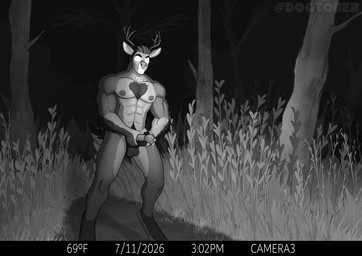 anthro antlers balls bodily_fluids cum genital_fluids genital_piercing genitals horn male masturbation muscular muscular_anthro muscular_male nipple_piercing nipples nude penis penis_piercing piercing solo standing stroking_penis trail_cam white_eyes dogtober deer mammal monochrome