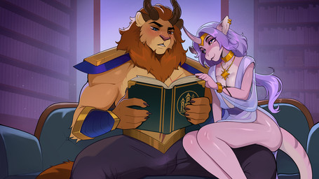 accessory anthro arm_tuft aroused_female big_shoulders blue_eyes blush blush_lines book bookshelf bracelet breasts brown_eyes bulge clothed clothing detailed_background dress duo ear_piercing elbow_tuft elegant_dress epaulet facial_scar fantasy female flirting fluffy_mane furniture green_sofa hair heterochromia holding_book holding_object horn inner_ear_fluff jewelry library light_clothing lion_ears lion_mane long_hair male male/female mane muscular muscular_anthro necklace on_sofa open_mouth piercing pink_body purple_hair reading reading_book red_mane romantic romantic_couple scar sharp_horn sitting sitting_on_another sitting_on_sofa size_difference small_breasts smaller_female smooth_horn smooth_skin sofa tail thinking thoughtful_expression topless topless_male tuft krl dungeons_and_furries furlough_games iranian_mythology middle_eastern_mythology mythology amari_(furlough_games) rowan_(furlough_games) deer dragon felid feline kirin lion mammal manticore mythological_creature mythological_scalie pantherine scalie 16:9 hi_res widescreen
