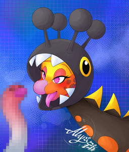 abstract_background ahegao ambiguous_gender bedroom_eyes black_body black_fur blush breath duo eyelashes eyeshadow female feral fur heart_eyes heart_symbol horn lips long_body long_eyelashes looking_pleasured makeup narrowed_eyes open_mouth open_smile orange_body orange_fur ossicone pink_eyes pink_lips pink_nose seductive sharp_teeth smile steam suggestive teeth tongue tongue_out yellow_eyes alyrise nintendo pokemon aquatic eel farigiraf fish generation_9_pokemon giraffid mammal pokemon_(species) wiglett 2022 bust_portrait censored hi_res mosaic_censorship portrait