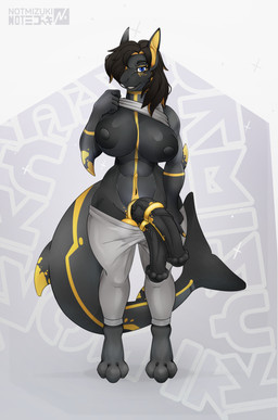 abs animal_genitalia animal_penis anthro areola athletic_wear balls big_breasts big_penis black_body blue_eyes breasts bulge clothed clothing egyptian equine_genitalia equine_penis front_view genitals gym gynomorph half-erect intersex markings multi_genitalia multi_penis muscular muscular_anthro muscular_gynomorph muscular_intersex navel nipples non-mammal_breasts non-mammal_navel non-mammal_nipples penis presenting shark_fin shark_tail sheath solo thick_thighs wide_hips not_mizuki tefnut_(shark) fish marine shark absurd_res hi_res herm_(lore)