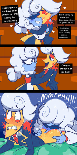 3_panel_comic anal anal_request blush bodily_fluids butt butt_grab cloud dialogue dialogue_box face_in_ass female female_rimming female_rimming_male glistening glistening_butt hand_on_butt heart_symbol hug male male/female male_rimmed not_furry oral oral_request requesting rimming rimming_male rimming_request romantic romantic_couple sex sex_request sweat sweaty_butt text mawile123 deltarune undertale_(series) elnina_(deltarune) lanino_(deltarune) air_creature darkner elemental_creature elemental_humanoid humanoid living_cloud living_moon 2025 absurd_res comic english_text hi_res