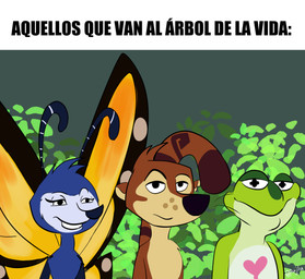 anthro female fur green_body group hair male markings open_mouth plant simple_background smile tail text translucent translucent_body trio wings legguflops animan_studios koati_(film) nachi_(koati) pako_(koati) xochi_(koati) amphibian arthropod butterfly coati frog glass_frog insect lepidopteran mammal monarch_butterfly procyonid absurd_res digital_media_(artwork) hi_res meme redraw