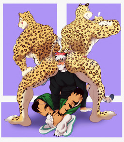 anthro back_muscles biceps blush brown_eyes butt calf_muscles cigar claws clothed clothing deltoids feet flip_flops footwear fur green_eyes group group_sex hair male male/male markings muscular muscular_arms muscular_male muscular_thighs red_hair sandals sandwich_position sex shoes soles spots spotted_body spotted_fur striped_body stripes tail thong thong_only toes topless triceps trio underwear underwear_only white_hair yellow_body yellow_fur insaneeighteen charr_(maririn) erea tobias_fretchman felid lagomorph leporid mammal pantherine tiger hi_res