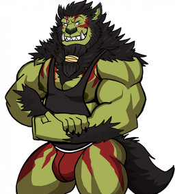 beard black_body black_fur body_hair clothing facial_hair fur green_body green_skin jockstrap male markings nipples shirt solo tank_top tattoo topwear tusks underwear darknaigart mythology igroc_(secretkaal) canid canine canis humanoid mammal mythological_canine mythological_creature orc werecanid werecanine werecreature werewolf wolf hi_res