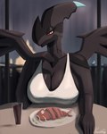 2023 4:5 anthro beverage big_breasts black_body breasts cleavage clothed clothing conditional_dnp date_pov digital_media_(artwork) digital_painting_(artwork) dress female food furniture generation_1_pokemon generation_5_pokemon hi_res legendary_pokemon looking_at_viewer magikarp nintendo paradoxing plate pokemon pokemon_(species) red_sclera signature smile solo table white_clothing white_dress window wings zekrom