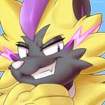 ambiguous_gender anthro fur looking_at_viewer purple_eyes smug solo yellow_body yellow_fur rodricoro nintendo pokemon felid feline generation_7_pokemon legendary_pokemon mammal pokemon_(species) zeraora 1:1 icon