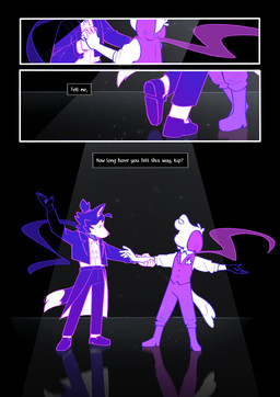 anthro anthro_on_anthro black_background bottomwear classy clothing dancing duo footwear formal_wear fur male male/male pants romantic shoes simple_background simple_eyes spotlight_beam standing tail text topwear vest doginacafe duncan_and_eddie kip_(doginacafe) mason_(doginacafe) canid canine canis domestic_dog husky mammal nordic_sled_dog spitz 2025 comic english_text hi_res genderfluid_(lore) nonbinary_(lore) trans_(lore)